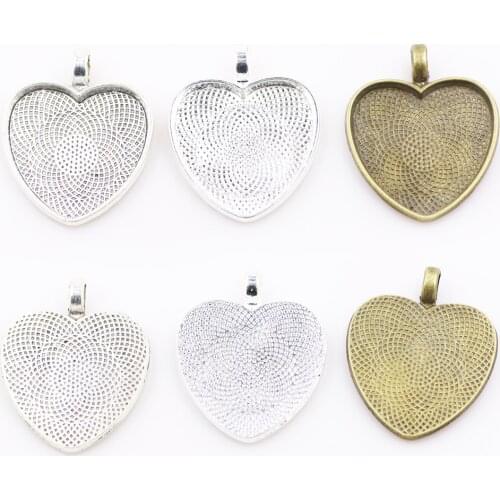 ZHUBI 5pc/lot Necklace Pendant Base Bronze Ancient Silver Color Fit 24mm Heart Glass Cameo Cabochon Diy Necklace Making Findings