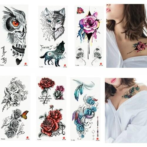 1 Sheet Beauty Decal Waterproof Tattoo Sticker Cute Colored Flower Wolf Pattern Women Girl Body Art Temporary Tattoo Removable