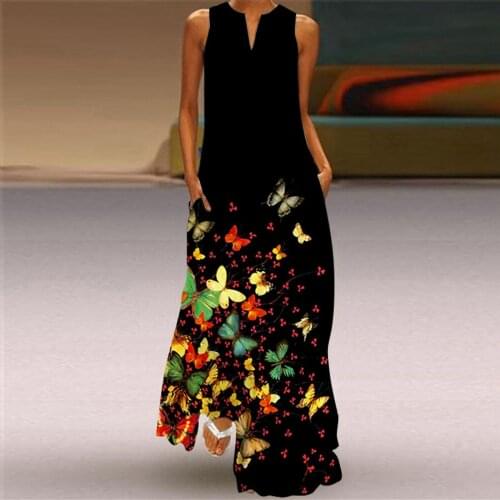 40# Butterfly Printed Plus Size Long Dress Sleeveless V-neck Party Maxi Dress With Pockets Summer Vintage Cami Dress Robe Femme