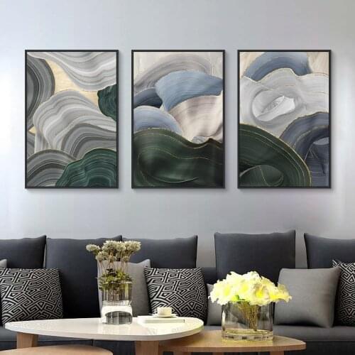 Nordic Style Abstract Gold Foil Blue Flowing Arc Canvas Prints Poster Painting Wall Art for Living Room Bedroom Home Decoration