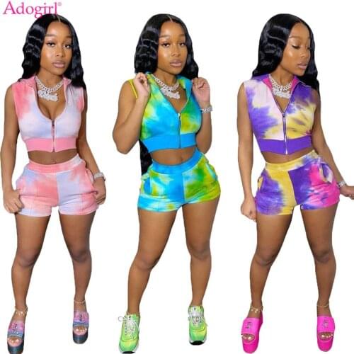 Adogirl Casual Tie Dye Zipper Two Piece Set V Neck Sleeveless Crop Top Elastic Waist Skinny Shorts Tracksuit Female Outfits New