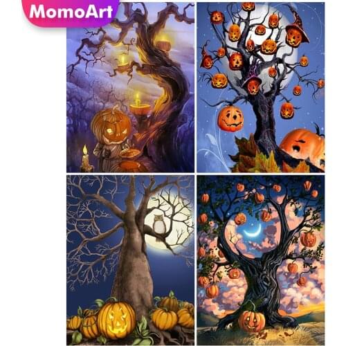 MomoArt 5D DIY Diamond Mosaic Pumpkin Full Drill Square Diamond Embroidery Tree Needlework Mosaic Cross Stitch Halloween Gift