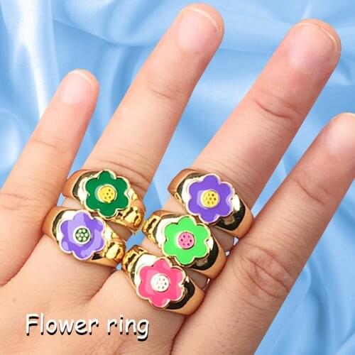 Egirl Aesthetic Gold Plated Candy Color Flower Rings For Women Y2k Jewelry Harajuku Cute INS Ring Charm 90s Fashion Friends Gift