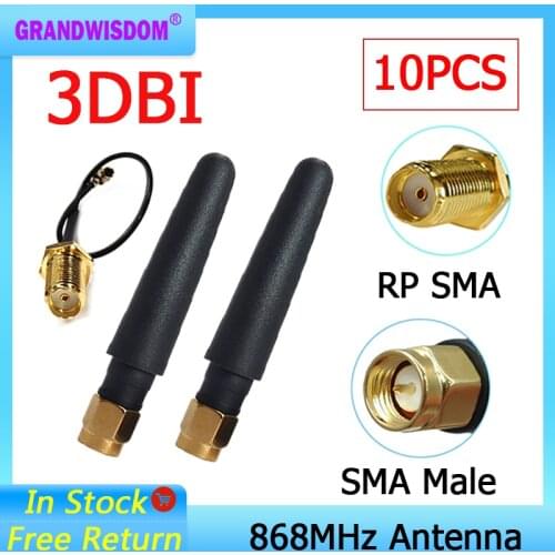 10pcs 868MHz 915MHz Antenna 2dbi SMA Male Connector GSM 915 MHz 868 MHz antena antenne +21cm RP-SMA/u.FL Pigtail Cable