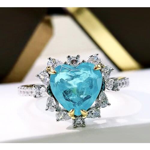 2021 New Arrival 925 Sterling Silver 9*9mm Heart Created Moissanite Paraiba Tourmaline Wedding Ring For Women Party Fine Jewelry