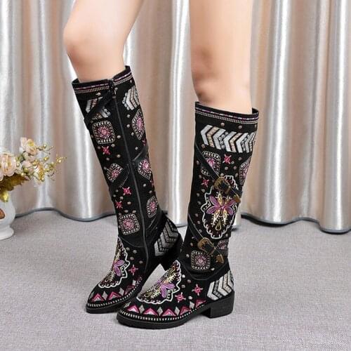 OLOMLB US4-11 Women PointyToe Genuine Leather Knee Thigh Boots Embroidery Retro Floral Chunky Heel Belt Buckle Shoes Ethnic Plus