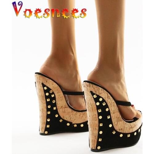 Roman Wood Grain Women Shoes Gold Rivet Walk Show Slides Pole Dance Flip Flops Platform High Heels Sexy Party Peep Toe Sandals