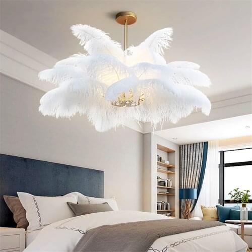 Nordic Modern LED Pendant Lights Natural Ostrich Feather Hanging Ceiling LampsBedroom Living Rroom Hanging Lamp Indoor Lighting