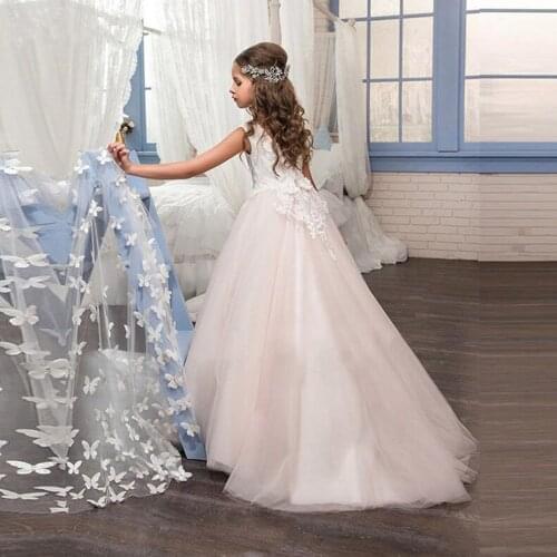 Light Pink Flower Girl Dresses Bow Detachable Shawl Tulle Lace Applique Sleeveless Girl First Holy Communion Party Dresses