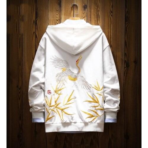 Japanese Streetwear Hoodies Hooded Male MenS Clothing 2020 Winter Warm Pullover Sweatshirt Embroidery Crane Hoodies Teen KK3358