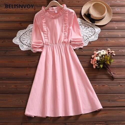 Japanese Mori Girl Women Cotton Linen Dress Elegant Long Sleeve Ruffled Stringy Selvedge Nipped Waist Splicing Falbala Dress