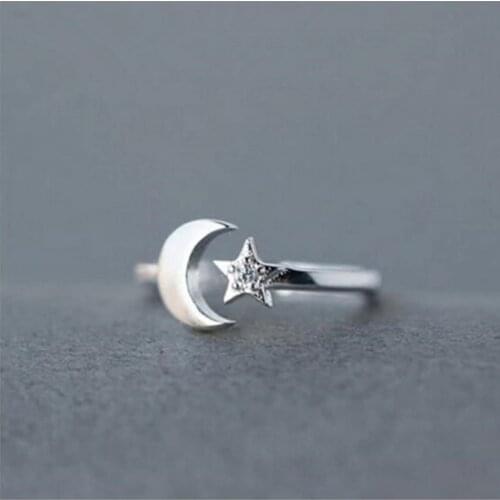 925 Sterling Silver Jewelry Korean Version Of The Simple Fashion Star And Moon Micro-inlaid Female Opening Ring SR153