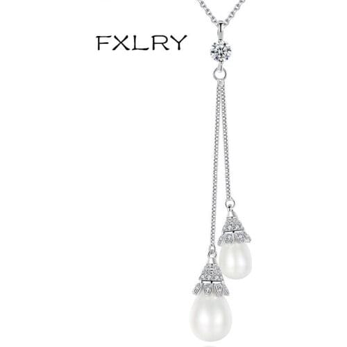 FXLRY New Design Romantic Fashion Women White Color Cubic Zircon Geometric pearl pendant Necklaces Jewelry