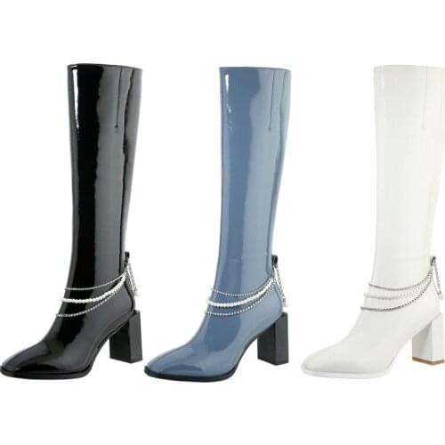 Women Genuine Leather Knee High Boots Fashion Chain Zipper Knight Boots Thick High Heel Square Toe Long Boots Autumn Lady Shoes