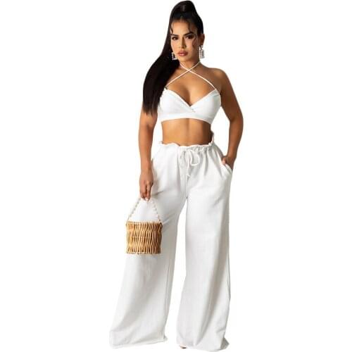 2021 New Arrival Famous Brand 2 pcs Women Set Solid Spaghetti Strap Short Tops Long Pants Summer Casual Outfits