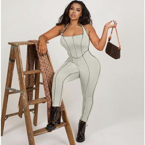 Bright Striped Decoretion Womens Jumpsuit Casual Halter Neck Backless Fitness Overalls Active Wear Workout Running Bodysuits