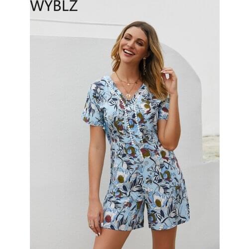 WYBLZ 2021 Boho Beach Style Short Sleeve Women Short Playsuits Casual Female Rompers Loose V Neck Floral Print Overalls