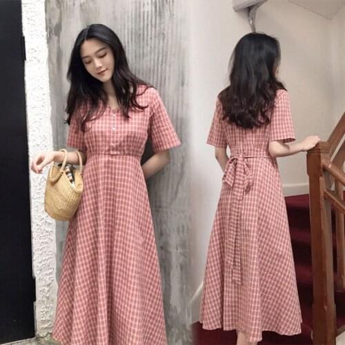 Dress Women Plaid V-neck Short Sleeve Loose Fashion Leisure Sweet Korean Style Lace-up Chic All-match Girls Summer Dress aq795