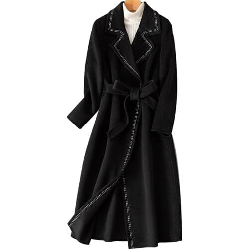 Women Wool Long Coat 2021 Autumn Winter Elegant Woolen Coat With Belt Female Cashmere Midi-Length Jacket Outerwear