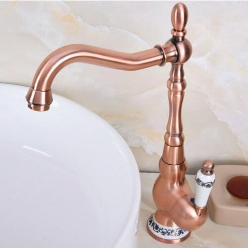 Antique Red Copper Brass Ceramic Base Kitchen Wet Bar Bathroom Vessel Sink Faucet Single Hole Swivel Spout Mixer Tap anf640