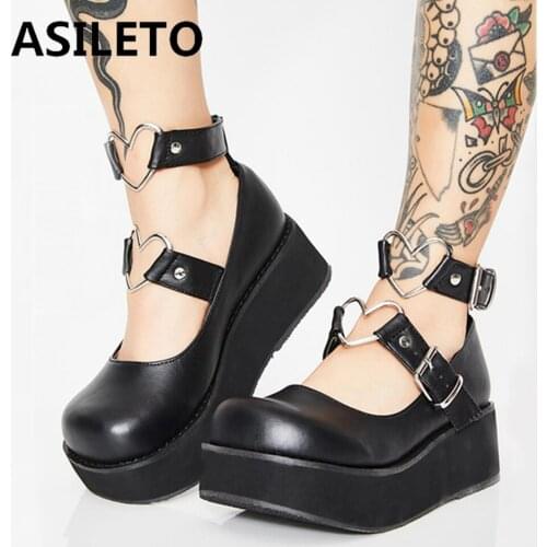 ASILETO New 2021 Ladies Pumps Round Toe Thick Bottom Buckle Heart Stylish Punk Cute Bowtie Big Size 35-43 Party Pink B2363