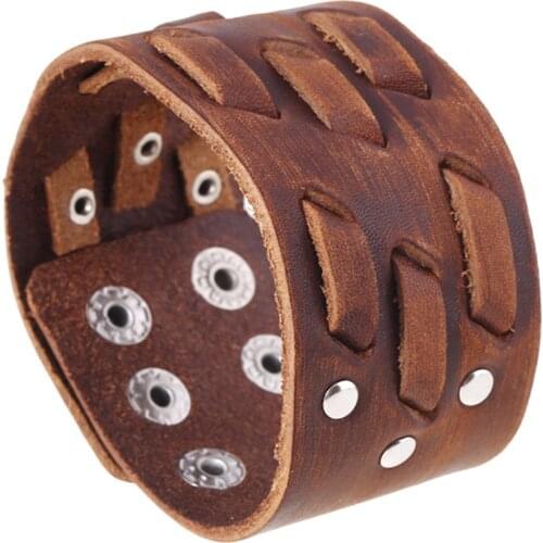 Unique Design Punk Cuff Bangle Fashion Vintage Charm Brown Rock Genuine Wide Leather Men Bracelets Women Jewelry Accessories