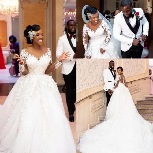 French Style Arabic African Ball Wedding Dresses Lace Appliqued Beaded Long Bridal Gown Sheer Crew Neck Vestidos Plus Size