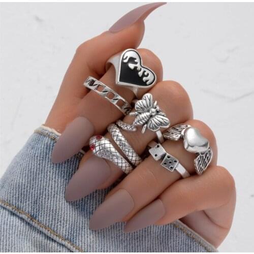 IPARAM Vintage Metal Butterfly Heart Ring Set For Women Bohemian Silver Color Metal Snake Knuckle Ring Punk Jewelry Gift