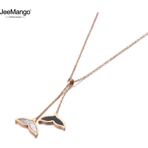 JeeMango Bohemia Titanium Steel White/Black Shell Fish Tail Pendant Jewelry Trendy Rose Gold Beach Necklace For Women JN19103
