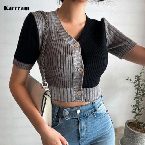 Karrram Korean Style O-neck Short Knitted Sweaters Women Thin Cardigan Button Up 2021 Summer Casual Fashion Patchwork Crop Top