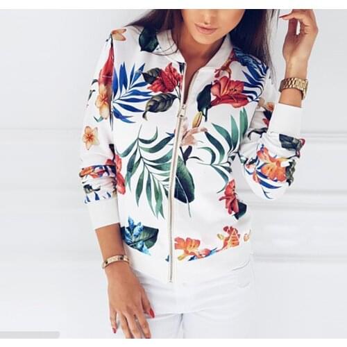 Fashion Print Bomber Jacket Womens Flowers Zipper Retro Jacket Coat 2021 Summer Long Sleeve Basic Short Jackets Female Clothing
