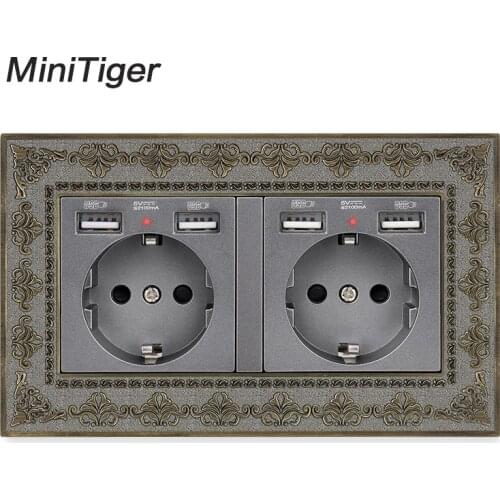 Minitiger 2 Gang Russia Spain EU Standard Wall Socket With 4 USB Charge Port Hidden Soft LED Indicator Vintage Zinc Alloy Frame