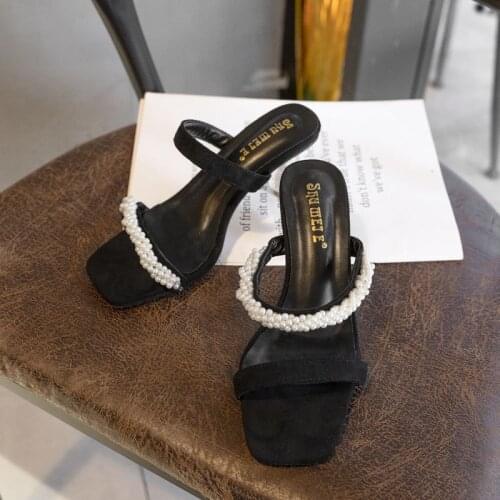 2021 Spring and Summer New Fashion Fairy Square Toe Open Toe Rhinestone Pearl High Heel Slippers