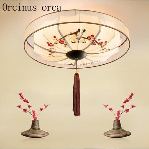 New Chinese style hand-painted flowers and birds ceiling lamp hotel teahouse bedroom study round archaize fabric ceiling lamp