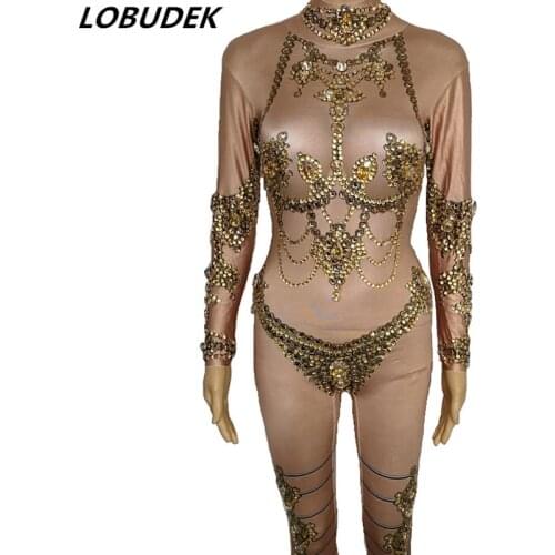 New nightclub Bright sexy bodysuit stage female costumes Dancer prom show gold Crystal jumpsuit Rompers performance costume