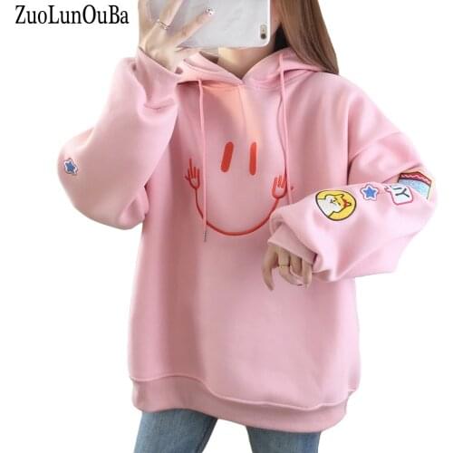 Autumn Winter Casual Pink Hoodie Sweatshirt Fleece Embroidery Smiley Face Women Pullover Long Sleeve Loose Plus Size Coat Tops
