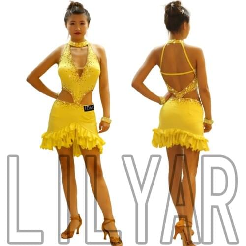 New Latin Dance Dress Competition Dress Costumes Skirt Performing Dress Rhinestones Adult Customize Children Purple Tassel Skirt