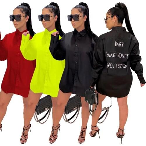Casual Long Sleeve Tshirt Dress Women Turn Down Collar Long Sleeve Dresses Letter Printed "baby Make Money Not Friends" Clothes