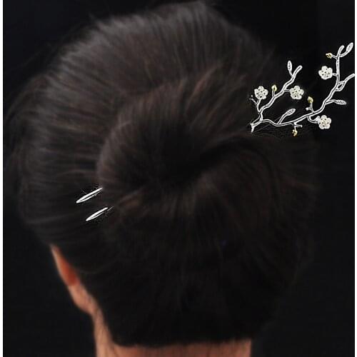 Vintage Silver Chinese Hair Sticks Blossom 2-prong Hair Stick Thai Silver Hairpin Flower Hair Jewelry For Women WIGO1469