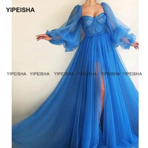 Yipeisha Blue Prom Dresses Long Custom Made Tulle A-line Evening Gown with Slit Vestido de Festa Party Dress 2021