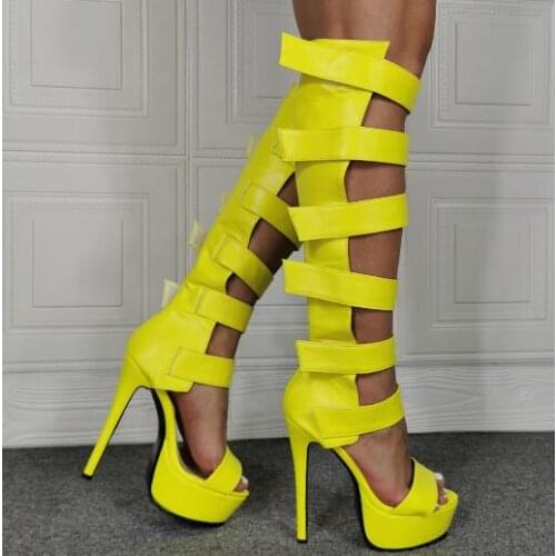 Linamong Lemon Yellow White Leather Hook & Loop Knee High Sandals Boots Woman Performance Platform One Line Gladiator booties