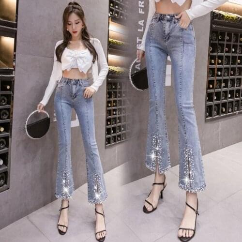2021 New Women Casual Rhinestones Jeans Flare Pants Front Side Slit Leg High Waisted Bell Bottom Sweet Long Denim Trousers X40