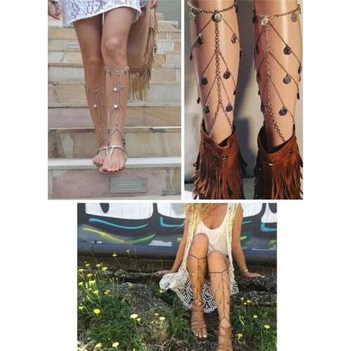 2021 summer womens Anklet beach multi-layer leg chain Bohemian national Hippie tassel coin foot jewelry Bohemian style
