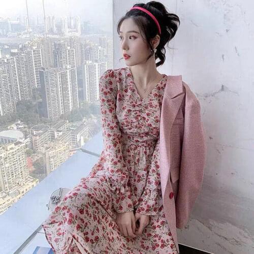 Women Summer Dress 2021 New New Outfit Fairy v-neck Chiffon Floral Dress Pink Loose Pregnant Woman Vestido De Mujer YDK944