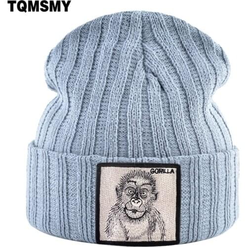 Winter Beanies For Women Solid Color Skullies Embroidery Orangutan pattern cap Mans Knitted wool outdoor ski cap Beanie bone