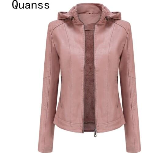 Quanss Winter Velvet Warm Faux Leather Jacket Women Fashion Hooded Hat Detachable Casual Coats Female Luxury Pu Outwear Clothes