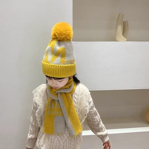 Winter Childrens letter Embroidery Hat Warm With Plush Cap Boys and Girls Pompom Ball Wool Hat Knitted Scarf Two-piece Suit