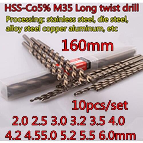 2.0-6.0mm-160mm TAILI HSS-CO5% M35 Long twist drill Processing: stainless steel, die steel, alloy steel copper aluminum, etc