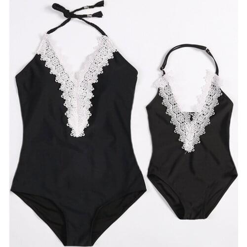 2019 New Beachwear Mum and Me Swimsuit Children One Piece Monokini Solid Lace V-Neck Swimsuit for Girl and Women Swimwear