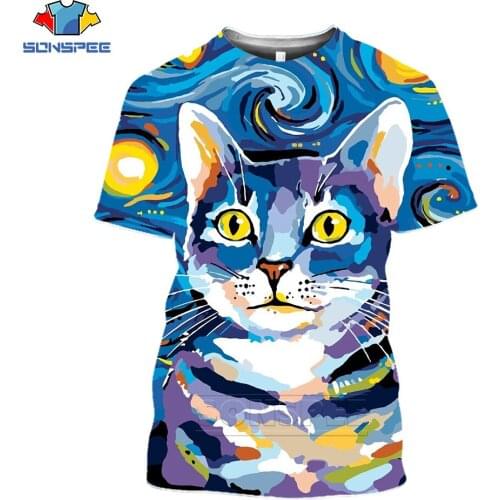 SONSPEE 3D Print Vincent Van Gogh Mens T-shirt Novelty Cat T shirt Summer Women Casual Short Sleeve Large Size Fitness Tops